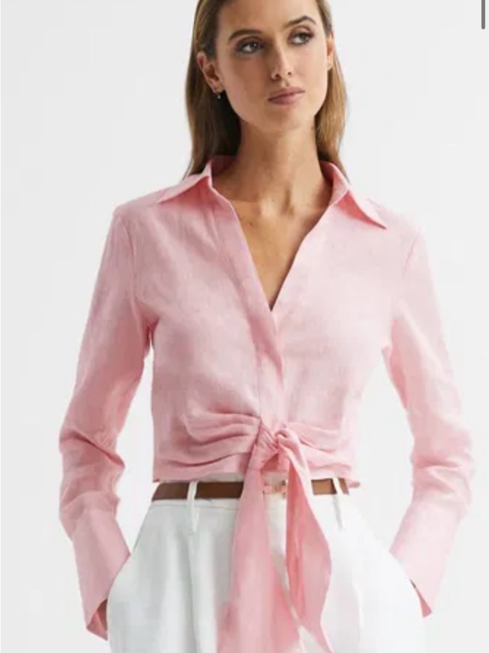 Reiss light Pink Tie-Front Cropped Button-Down Shirt sz 4 uk 8 linen womens